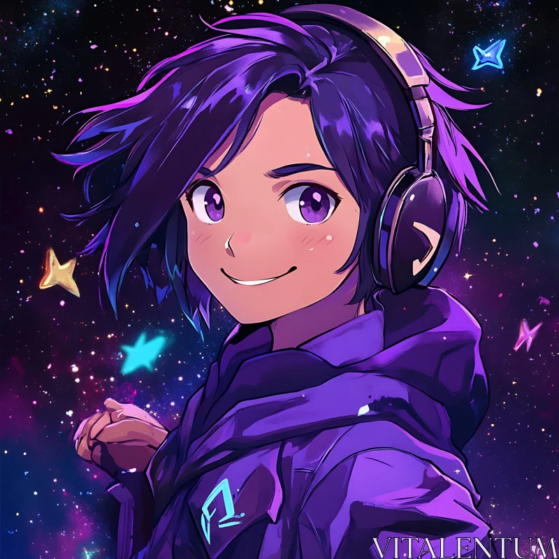 Cosmic Anime Character with Headphones AI Image