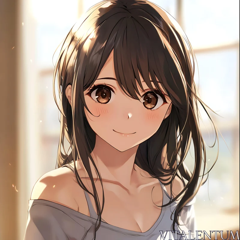 Smiling Anime Girl in Sunlit Room AI Image