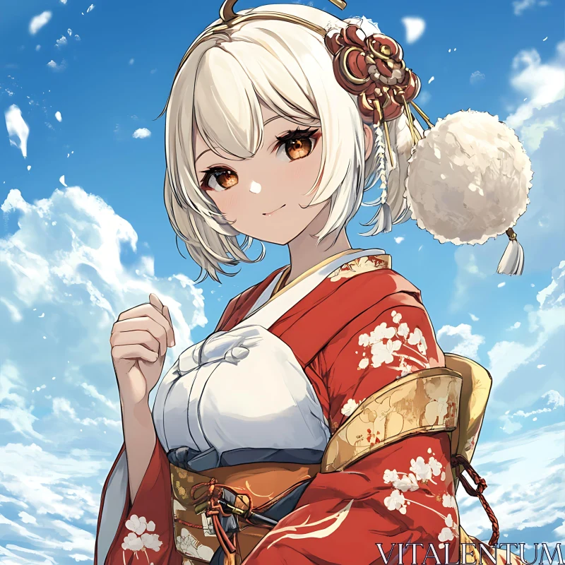 Anime Character in Floral Kimono with Clear Sky Background AI Image