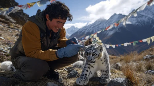 Man and Snow Leopard Cub in the Wild