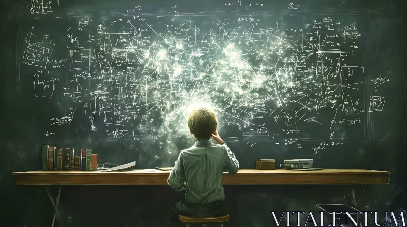 Person Contemplates Equations on Chalkboard AI Image