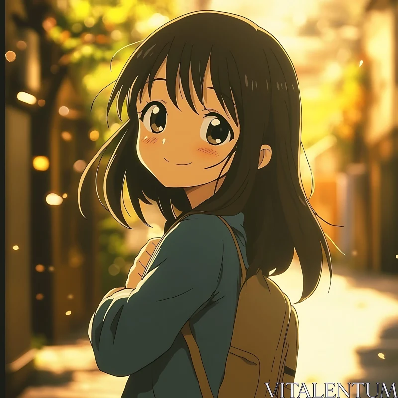 Anime Girl Smiling in Warm Sunlight AI Image