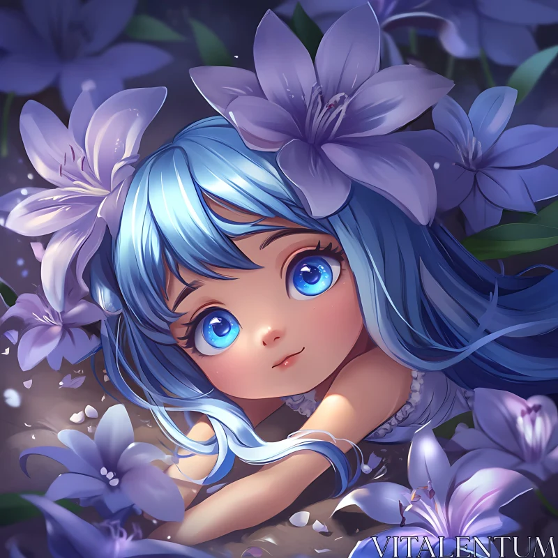 Adorable Anime Girl among Purple Blooms AI Image