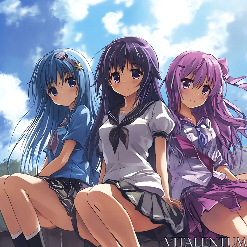 Three Anime Friends Enjoying a Sunny Day AI Image