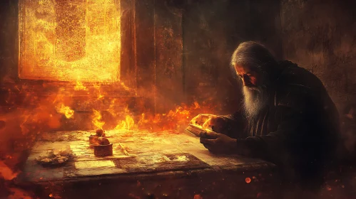 Man Reading by Firelight