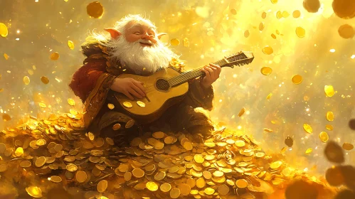 Enchanted Leprechaun with Guitar on Gold Coins