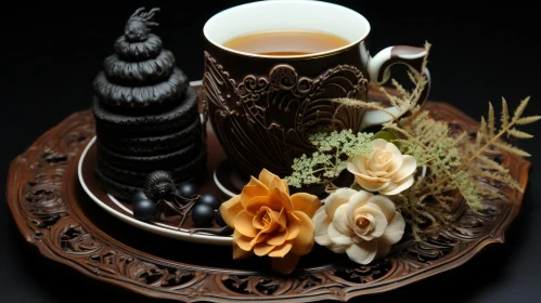 Captivating Still Life: Tea Cup on Black Tray | Natural and Man-Made Elements