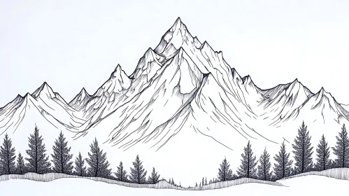 Monochrome Mountain Range with Pine Trees