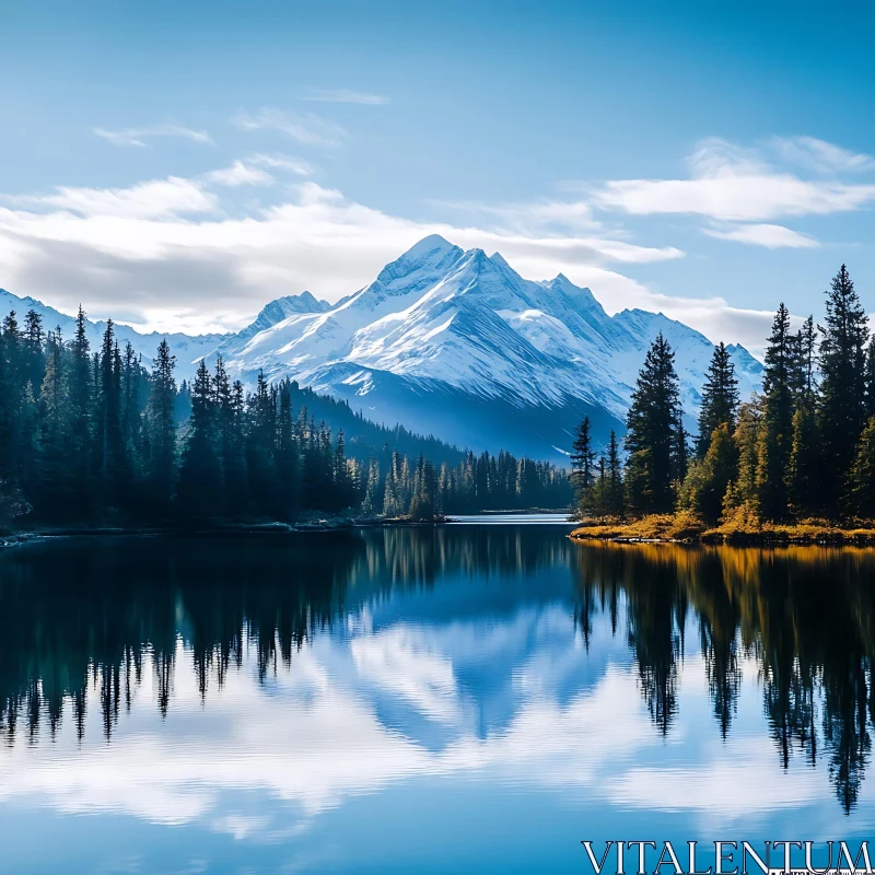 Peaceful Mountain Lake with Snowy Mountain Reflection AI Image