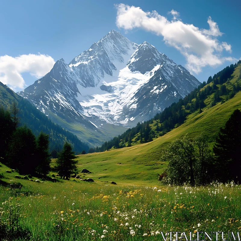 Alpine Scenery with Snow Capped Mountain AI Image