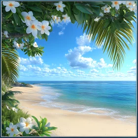 Tropical Beach with Flowers and Ocean View