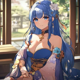 Elegant Anime Girl in Blue Dress