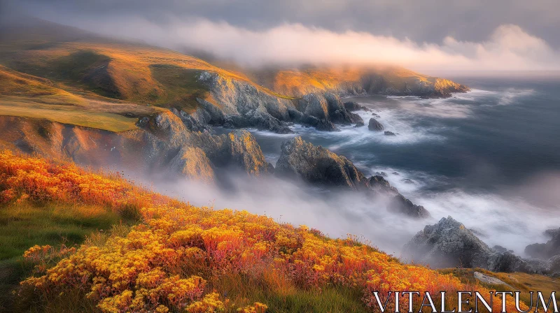 AI ART Misty Coastline with Vibrant Flower Foreground