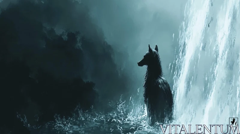 Lone Wolf Near Waterfall AI Image