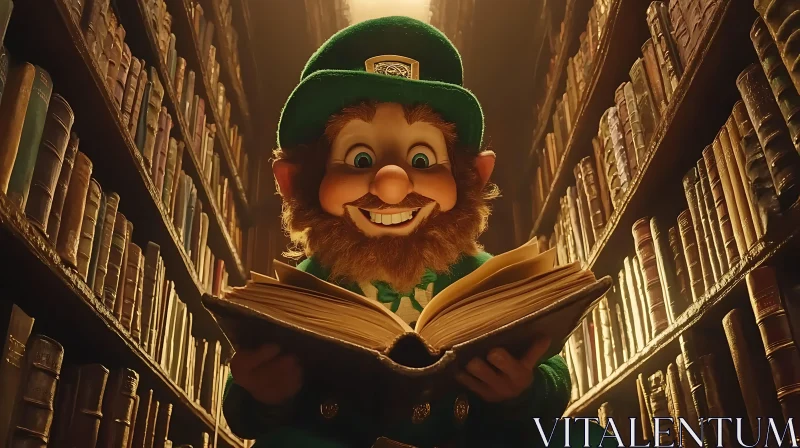 Enchanted Leprechaun Reading in Ancient Library AI Image