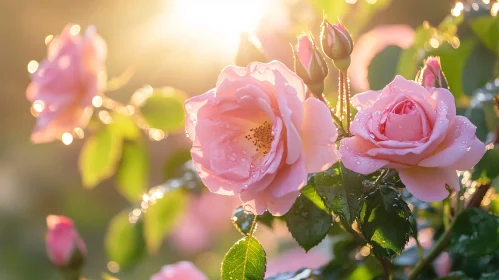 Sunlit Dew-Kissed Pink Roses