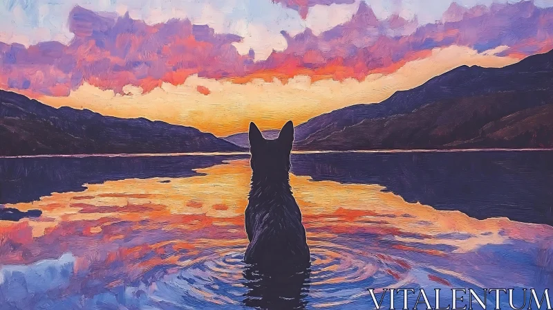 Serene Sunset Lake with Dog AI Image