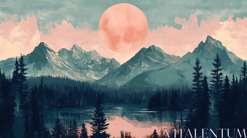 Pink Moon Over Mountain Lake AI Image