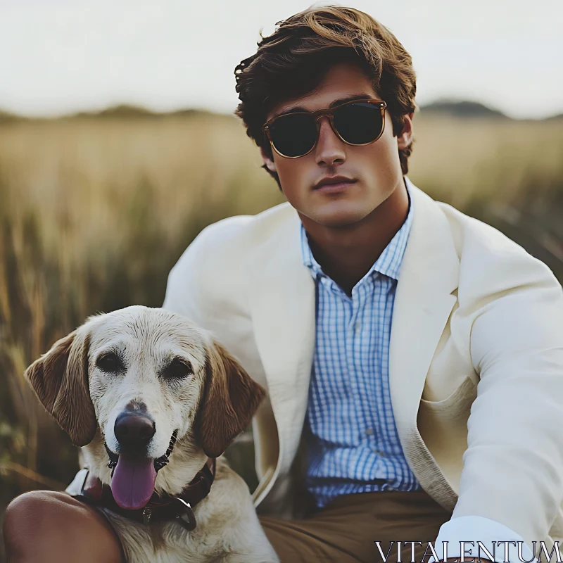 Stylish Man Sitting with Dog in Nature AI Image