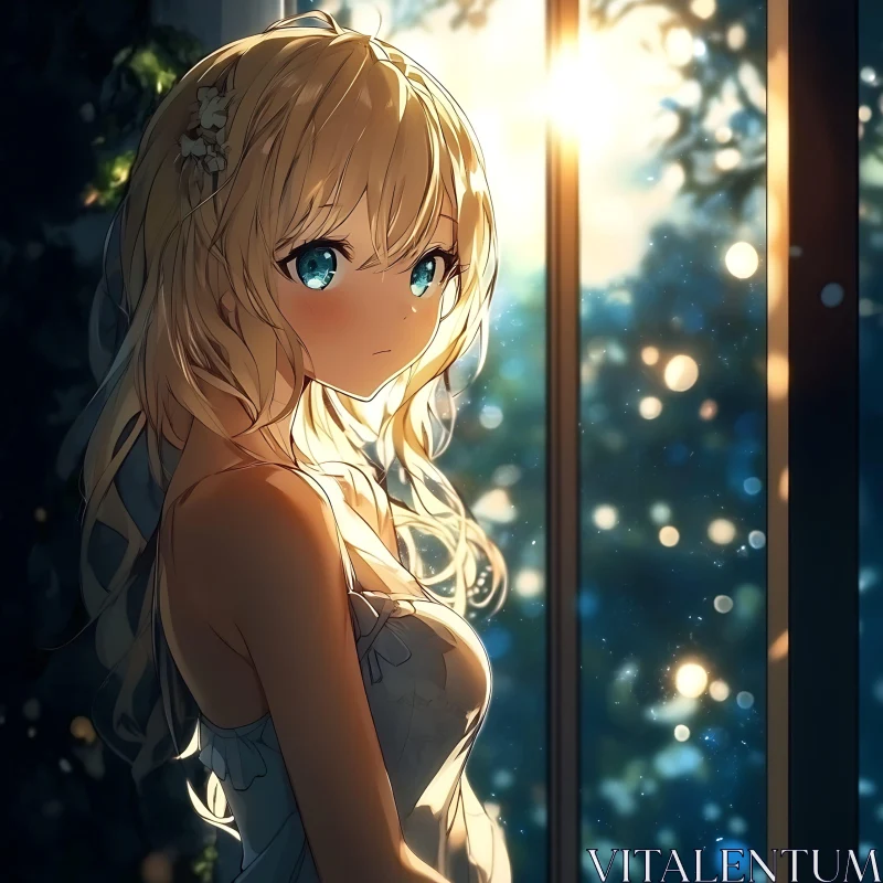 Serene Blonde Anime Girl in Sunlight AI Image