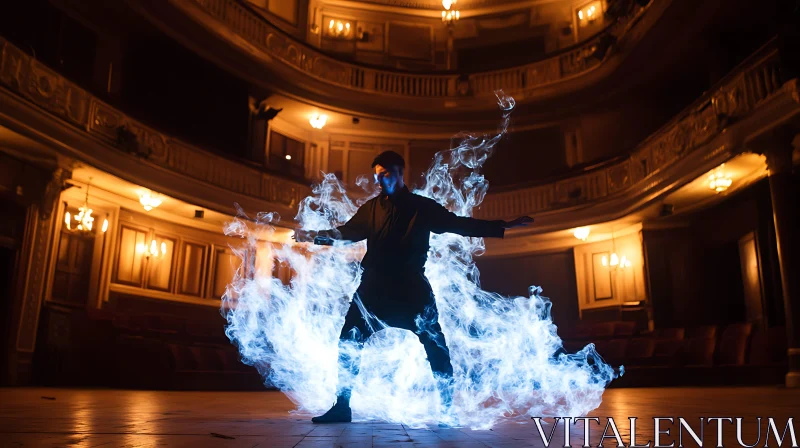 Man Surrounded by Blue Energy on Theater Stage AI Image