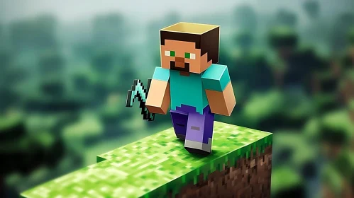 Blocky Minecraft Figure in Green Landscape