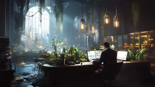 Indoor Office with Plants and Man Working