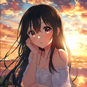 Contemplative Anime Girl at Dusk