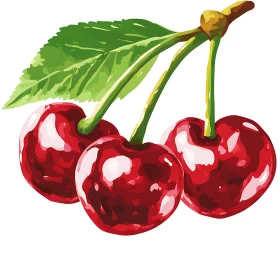 Luscious Red Cherries with Green Leaf