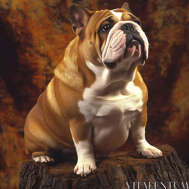 Bulldog Posing on Tree Stump with Autumn Background AI Image