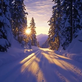 Snowy Path with Sunlight in Winter