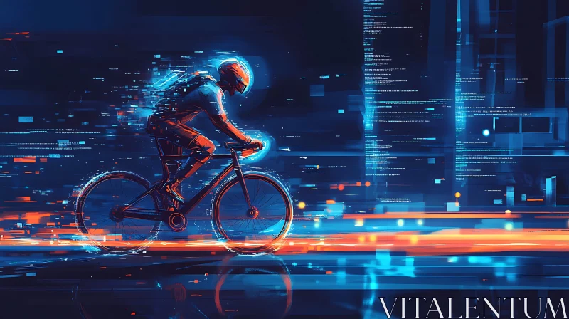 Cybernetic Cyclist in Virtual Cityscape AI Image