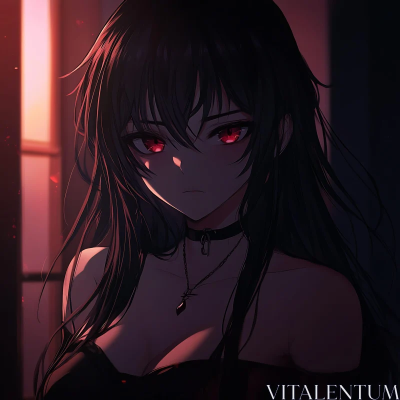 Dark Haired Anime Girl with Red Eyes AI Image