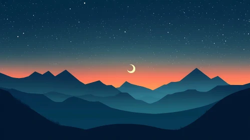 Layered Mountains with Crescent Moon