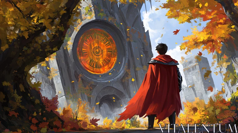 Autumnal Gateway: Cloaked Figure and Stone Portal AI Image