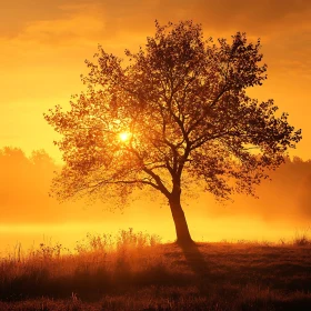 Lone Tree in Golden Sunlight Landscape