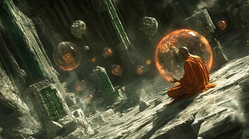 Monk in Contemplation Sci-Fi Setting