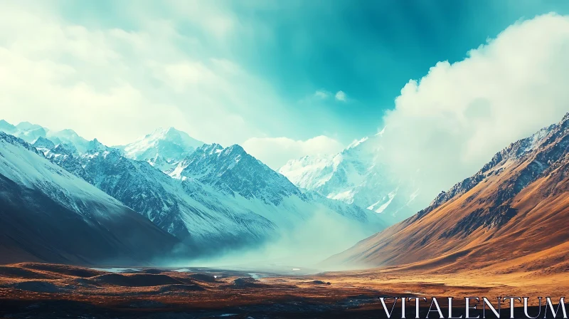 Snowy Mountains and Valley Landscape AI Image