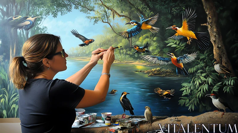 AI ART Woman Painting Birds in Nature Scene