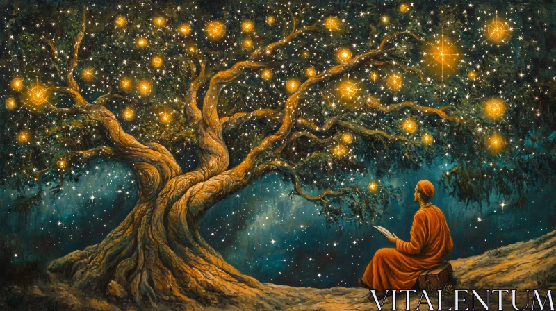 Celestial Tree and Contemplative Figure Art AI Image