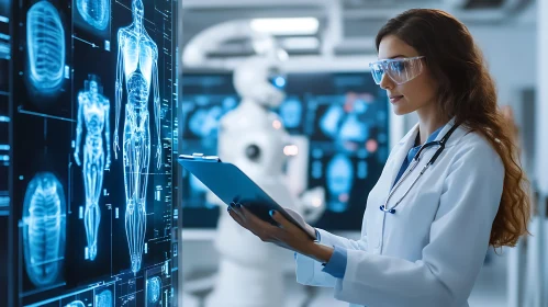 Doctor Examining Medical Scans with Robot