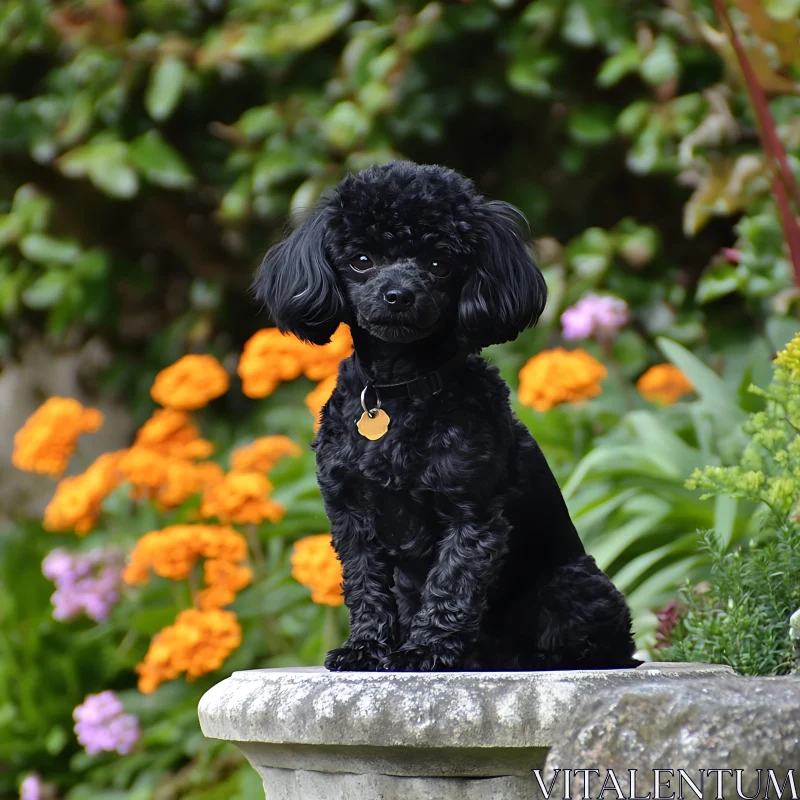 Black Curly-Haired Dog Amidst Flowers AI Image