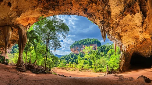 Scenic View from a Cave Opening with Stalactites