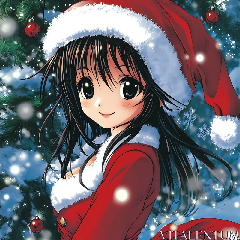 Joyful Anime Girl in Santa Costume with Christmas Decorations AI Image