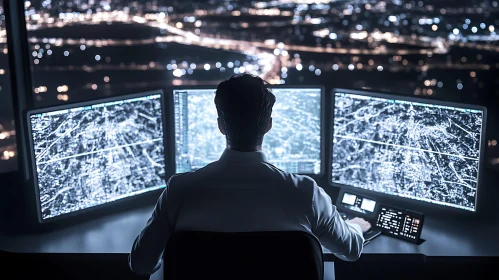 Man analyzing data on multiple screens