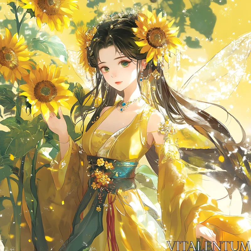 Ethereal Beauty in a Sunflower Garden AI Image