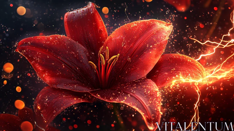 AI ART Red Lily Amidst Sparkles and Lightning