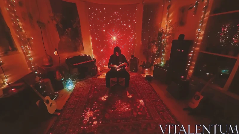 Cozy Musician in Red Lit Room AI Image