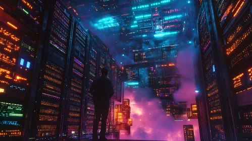 Neon Lit Data Center with Contemplative Figure