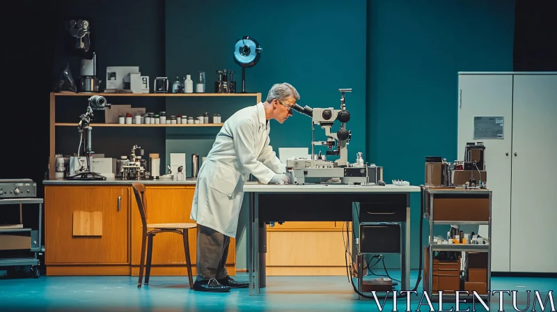 Scientist Examines Sample in Old Laboratory